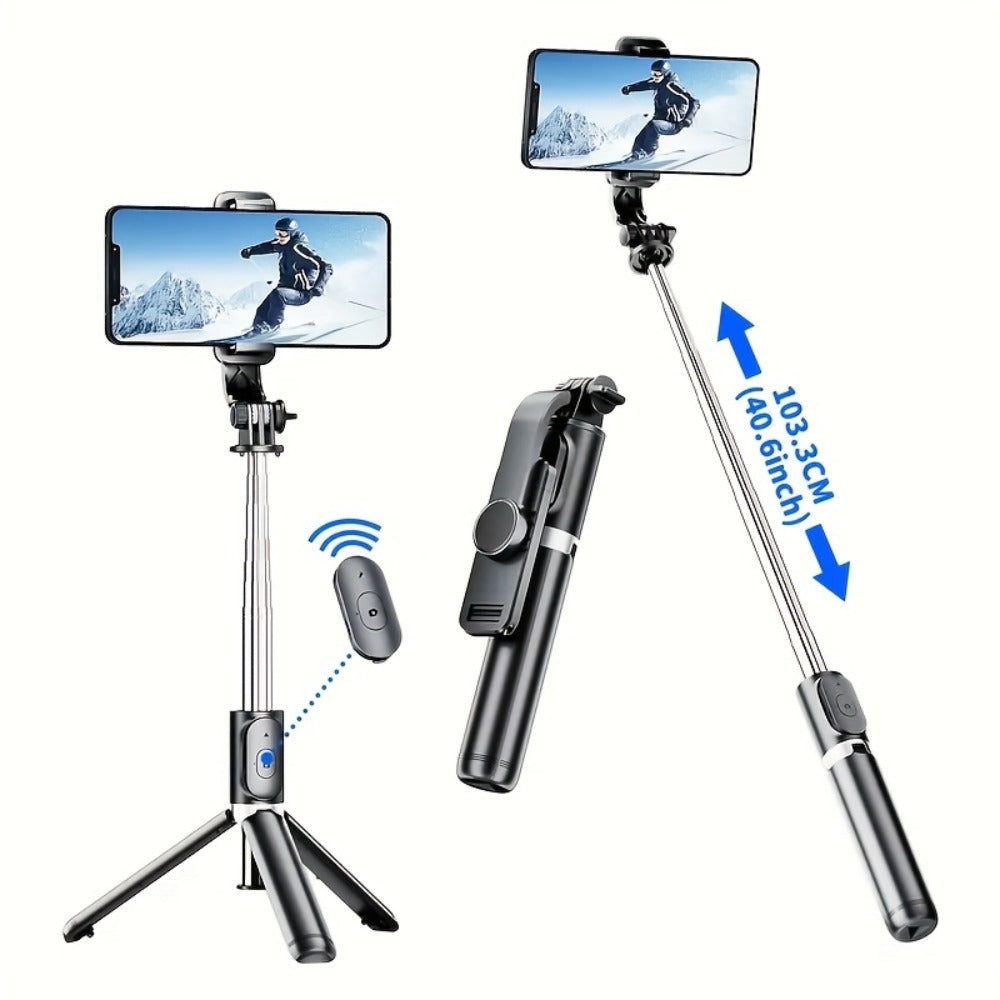 40.6-Inch Black Selfie Stick Tripod with Rotating Phone Head, Fold-Out Floor Base and Remote