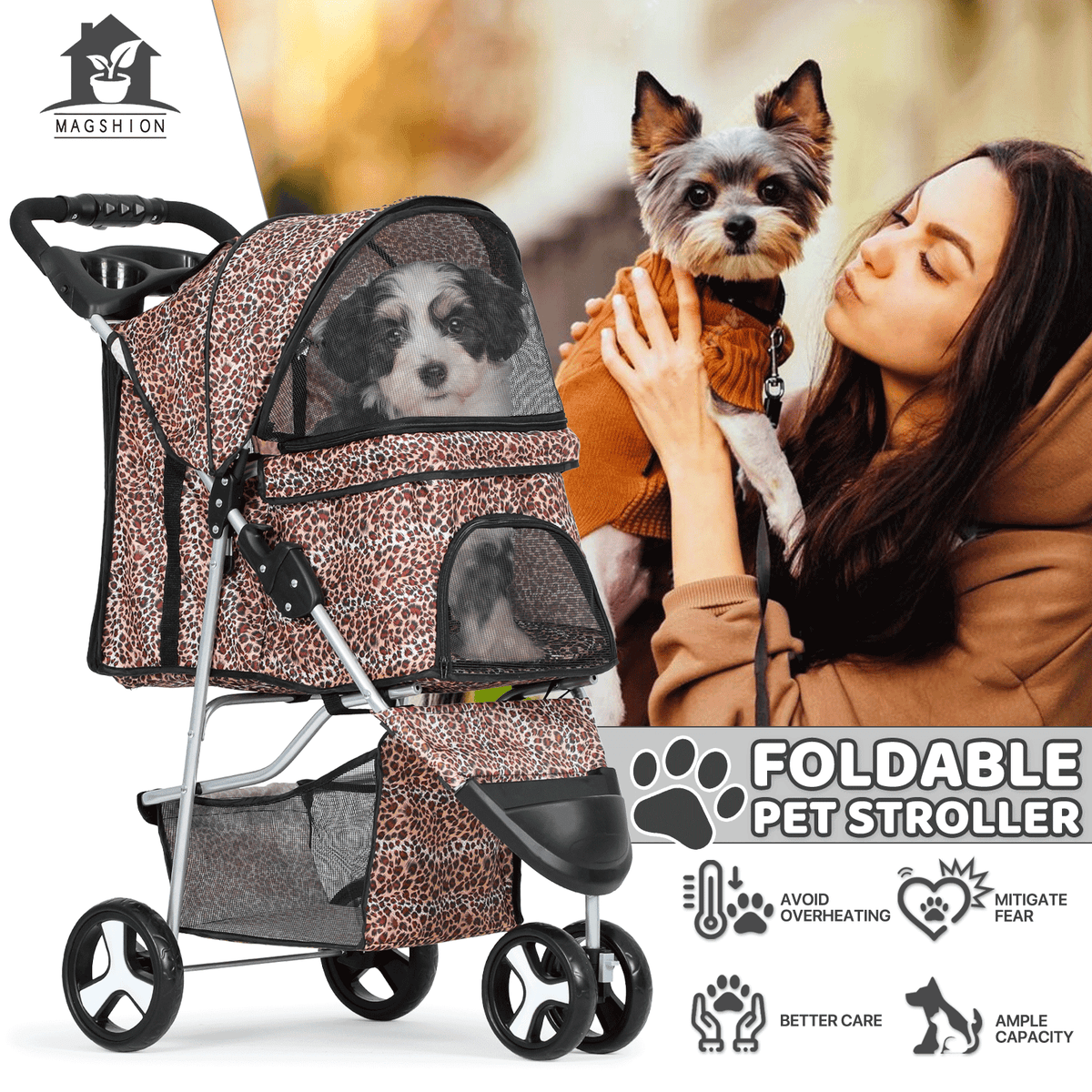Three-Wheel Pet Stroller with Folding Mesh Cabin, Cup Tray, Lower Basket and Eleven Color or Print Options