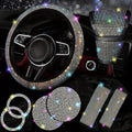 8-Piece Rhinestone Car Interior Accessories Set with Steering Wheel Cover, Coasters and Seat Belt Pads