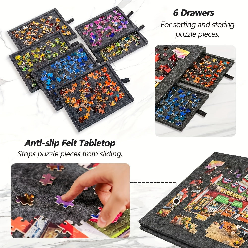 Felt Jigsaw Puzzle Board with 6 Storage Drawers, Portable Puzzle Table Adjustable Tilt Stand, 2-in-1 Cover