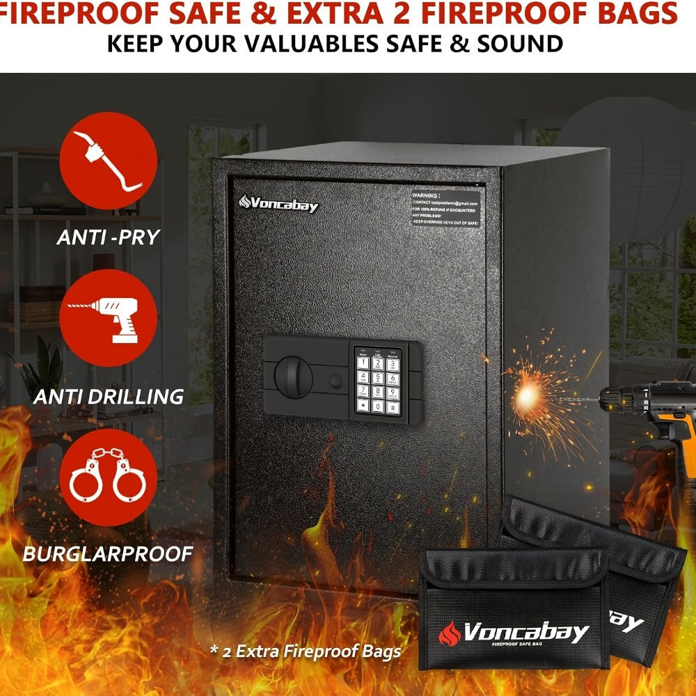 Home Security Safe Box with Sensor Light & Fireproof Bag, Digital Keypad Lock Box with Backup Keys for Cash