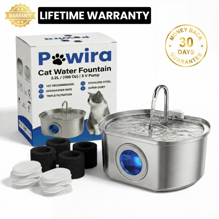 Stainless Steel Pet Water Fountain 4 Month: Pawira Fountain + 8 filter sets 🎁