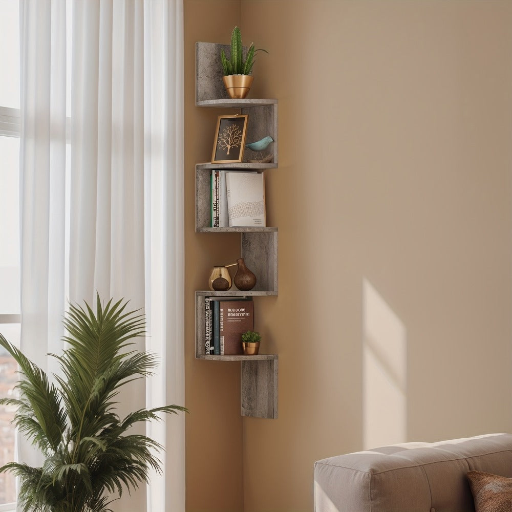 Corner Floating Shelf 5-Tier Wall Mount, Space Saving Storage Rack for Bedroom Living Room, Radial Display Organizer