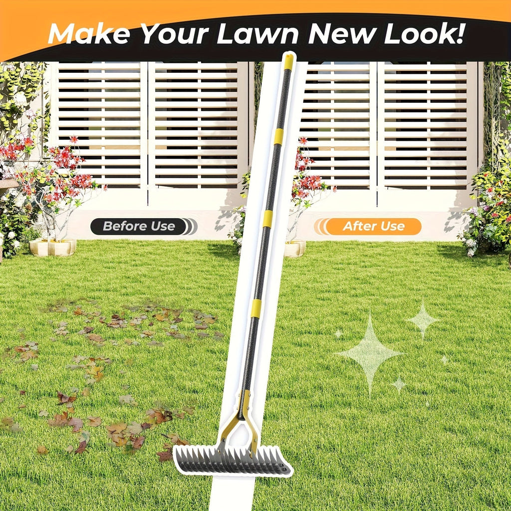 15-Inch Garden Thatch Rake with Curved Metal Teeth and 55- or 70-Inch Sectional Handle Options