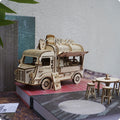 Wooden Food Truck 3D Puzzle Model Kit with Burger Stand Body, Miniature Tables and Pictured 21.5 cm Length