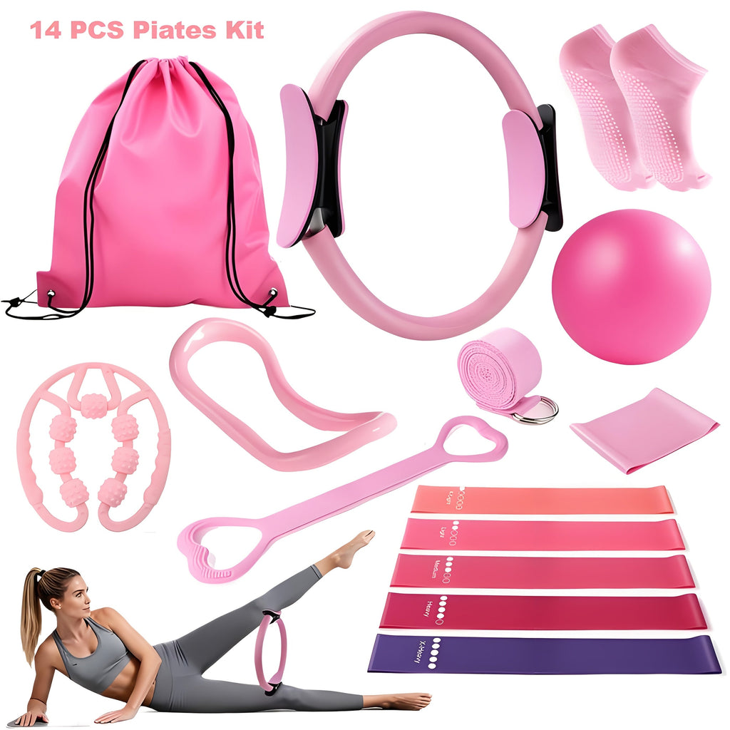 Pilates Set for Women 14-Piece – Includes 13-Inch Pilates Ring, 9-Inch Yoga Ball, 5 Resistance Bands & Hip Thrust Bands