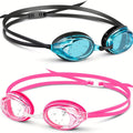 Blue and Pink Swimming Goggles with Rounded Lens Frames, Dual Split Head Straps and One Indoor Style Option