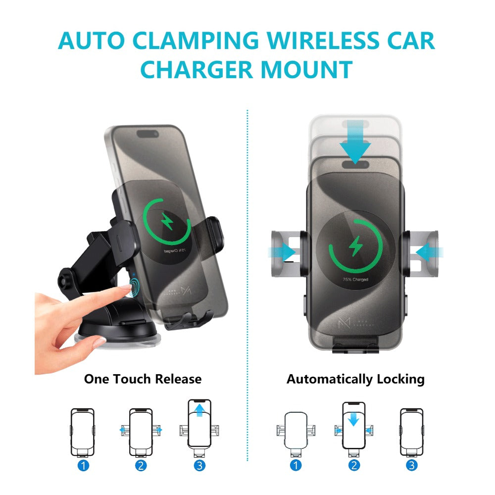 4-Color Wireless Car Charger Mount 15W Qi Auto-Clamping – Fast Wireless Charging Phone Holder for iPhone 17 16 15 14 13 12 11 Pro Max