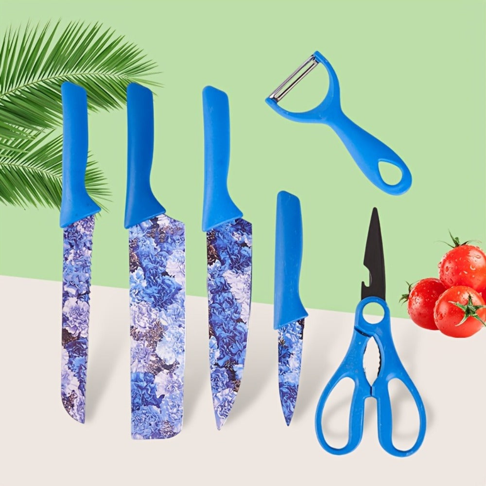 Kitchen Knife Set 6-Piece Floral High-Carbon Stainless Steel with Cleaver, Bread Knife, Shears and Peeler