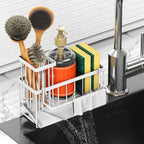 Black Sink Caddy with Drain Tray, Hanging Dishcloth Bar, Brush Holder and 23.5 cm Countertop Width