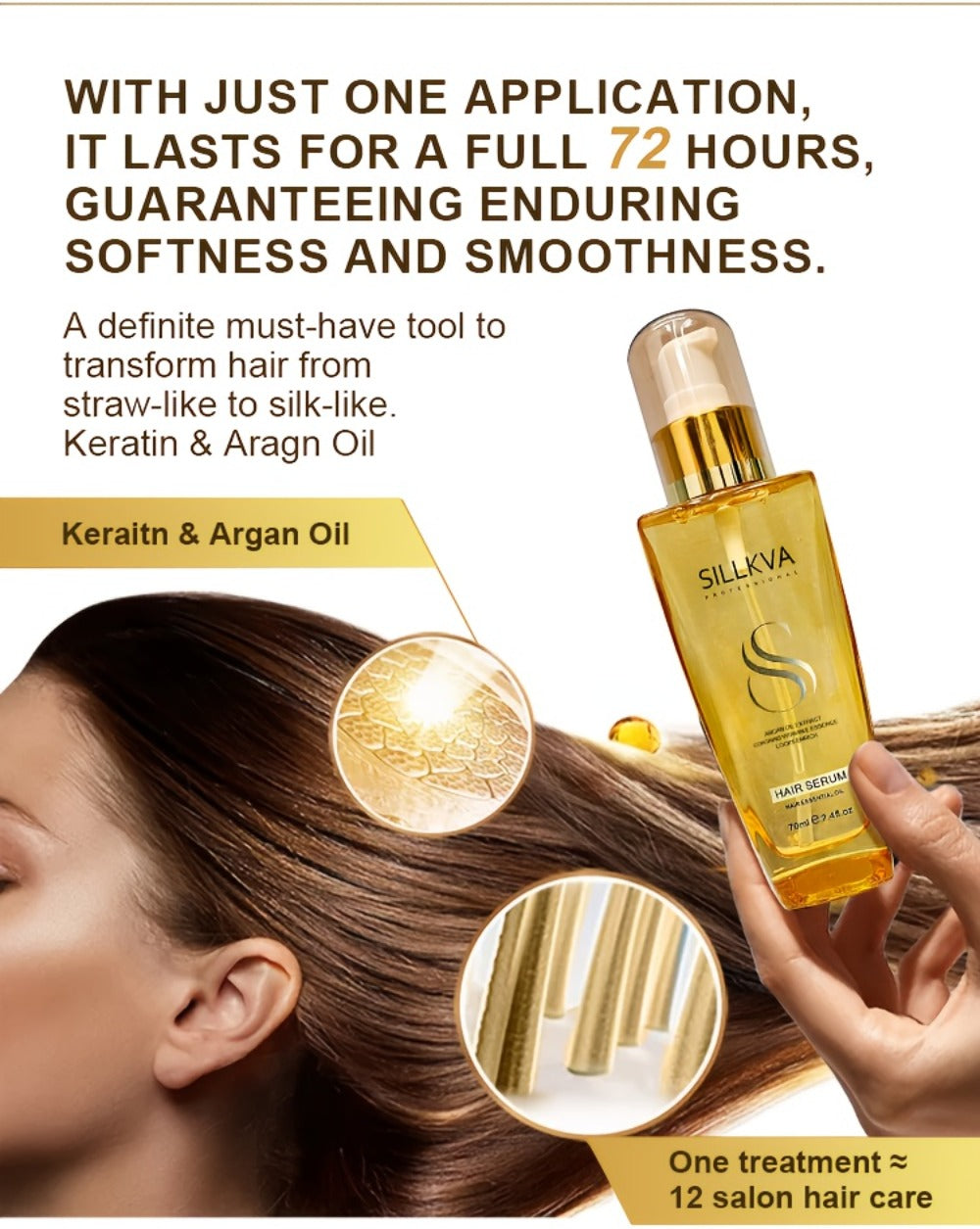 Moroccan Argan Oil Hair & Skin Treatment with Applicator Brush 2.4oz - Anti Frizz Smoothing for Bath Time, Home Spa and Personal Care