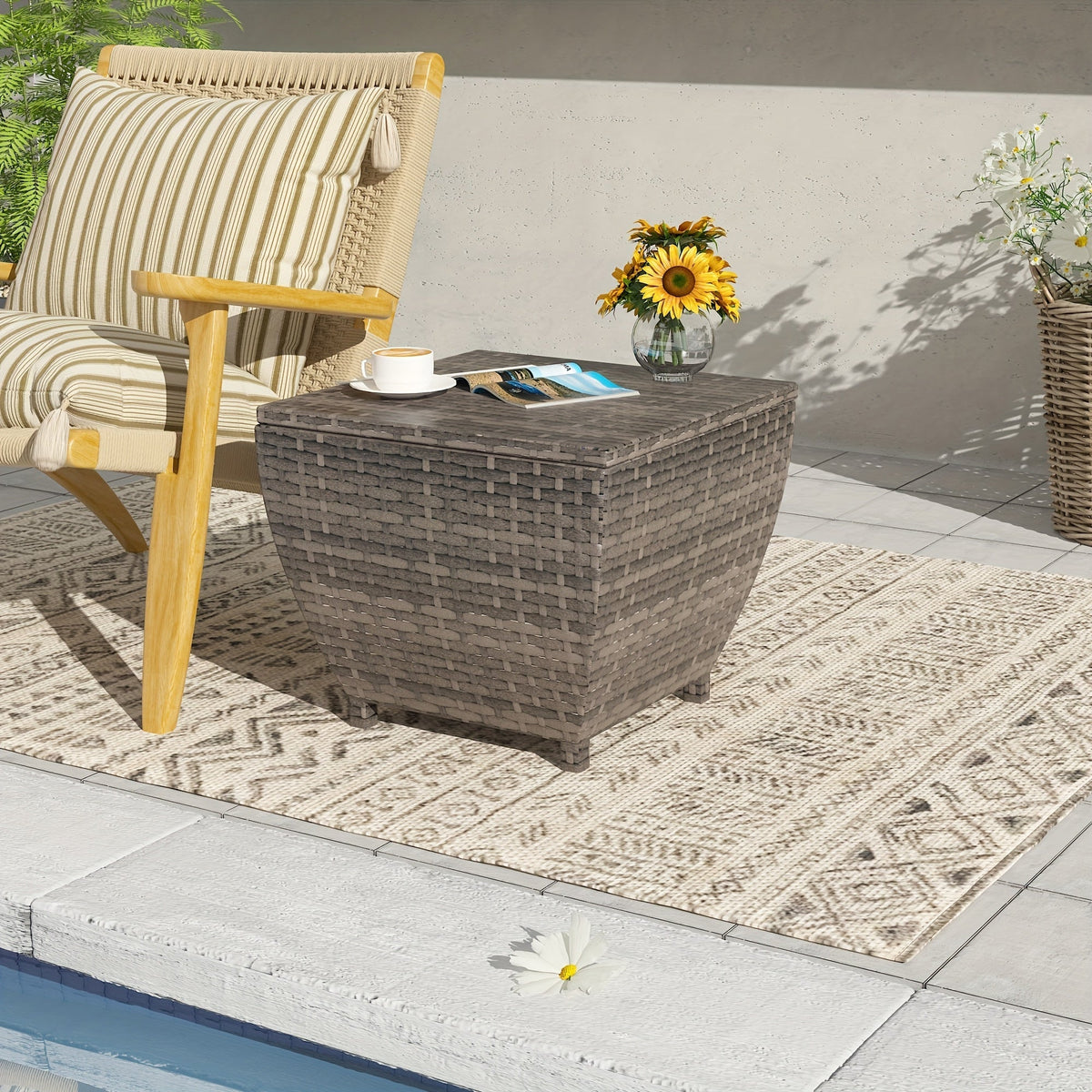 PE Wicker-Look Outdoor Storage Side Table with Flip-Top Lid and Brown, Gray or Black Options
