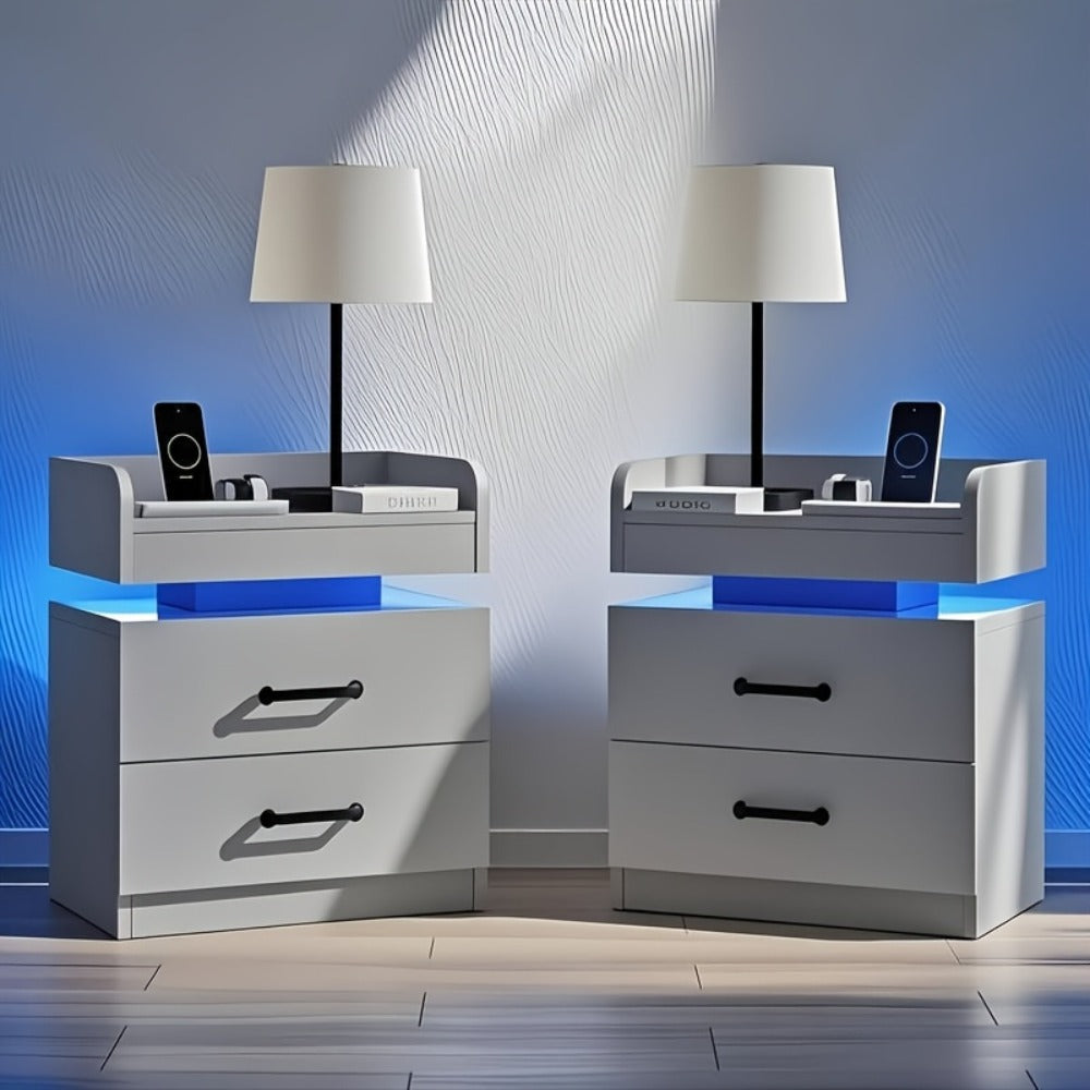 Wooden Nightstand with LED Ambient Light & Charging Station, Fabric Drawer, Blue Glow for an Everyday Personal Care Routine