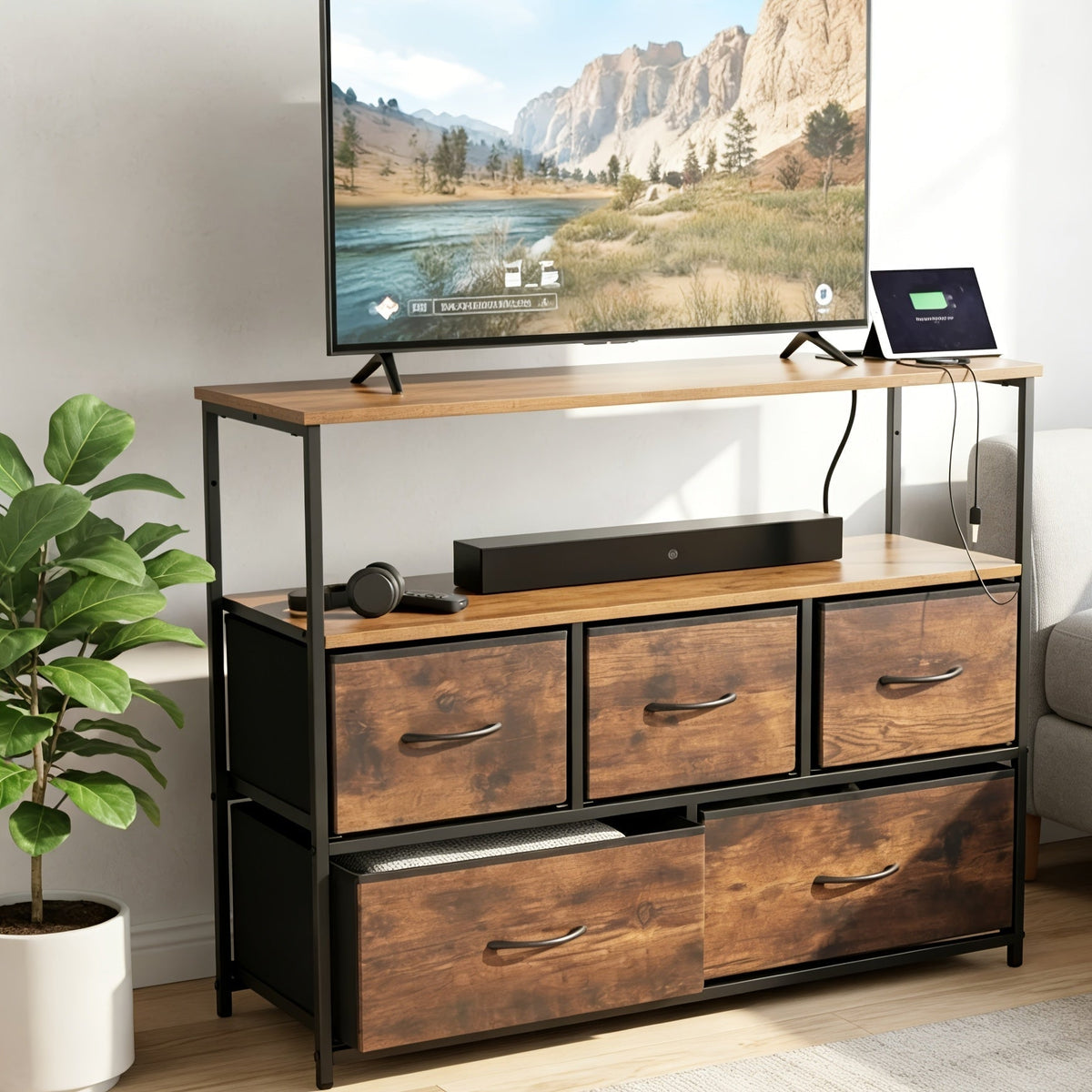 TV Stand Dresser with Five Fabric Drawers, Two Open Shelves, Optional Charging Station and 45-Inch TV Label