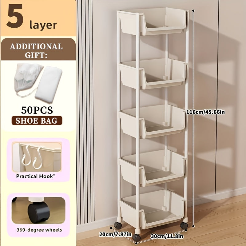 Shoe Rack Rolling Multi-Layer Organizer with Wheels, Hooks and Seven Storage Configuration Options