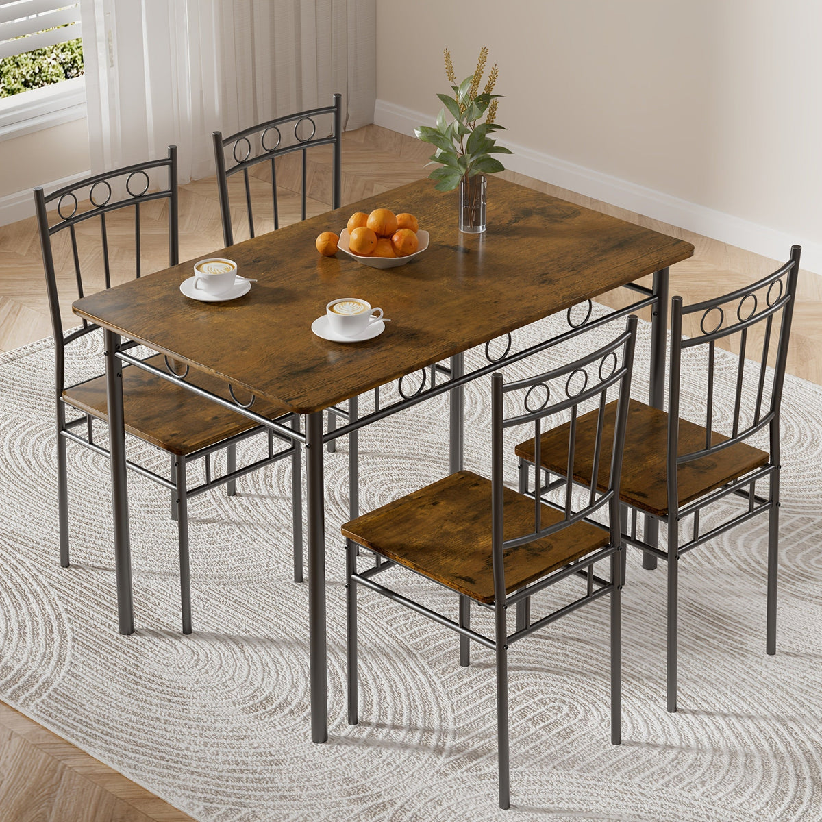 43.3-Inch Five-Piece Dining Table Set with Rectangular Table, Four Scroll-Back Chairs and Three Colors