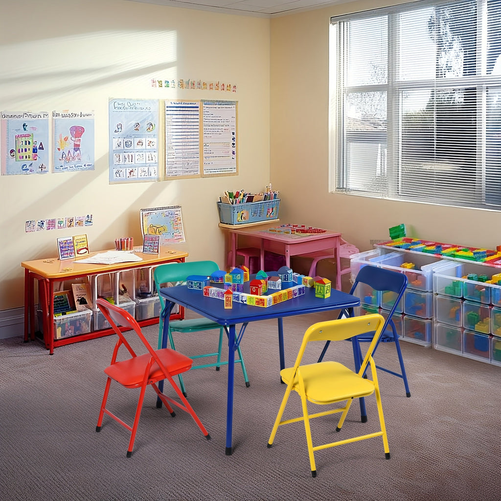 Five-Piece Foldable Kids Table and Chair Set with One Blue Table and Four Mixed-Color Chairs