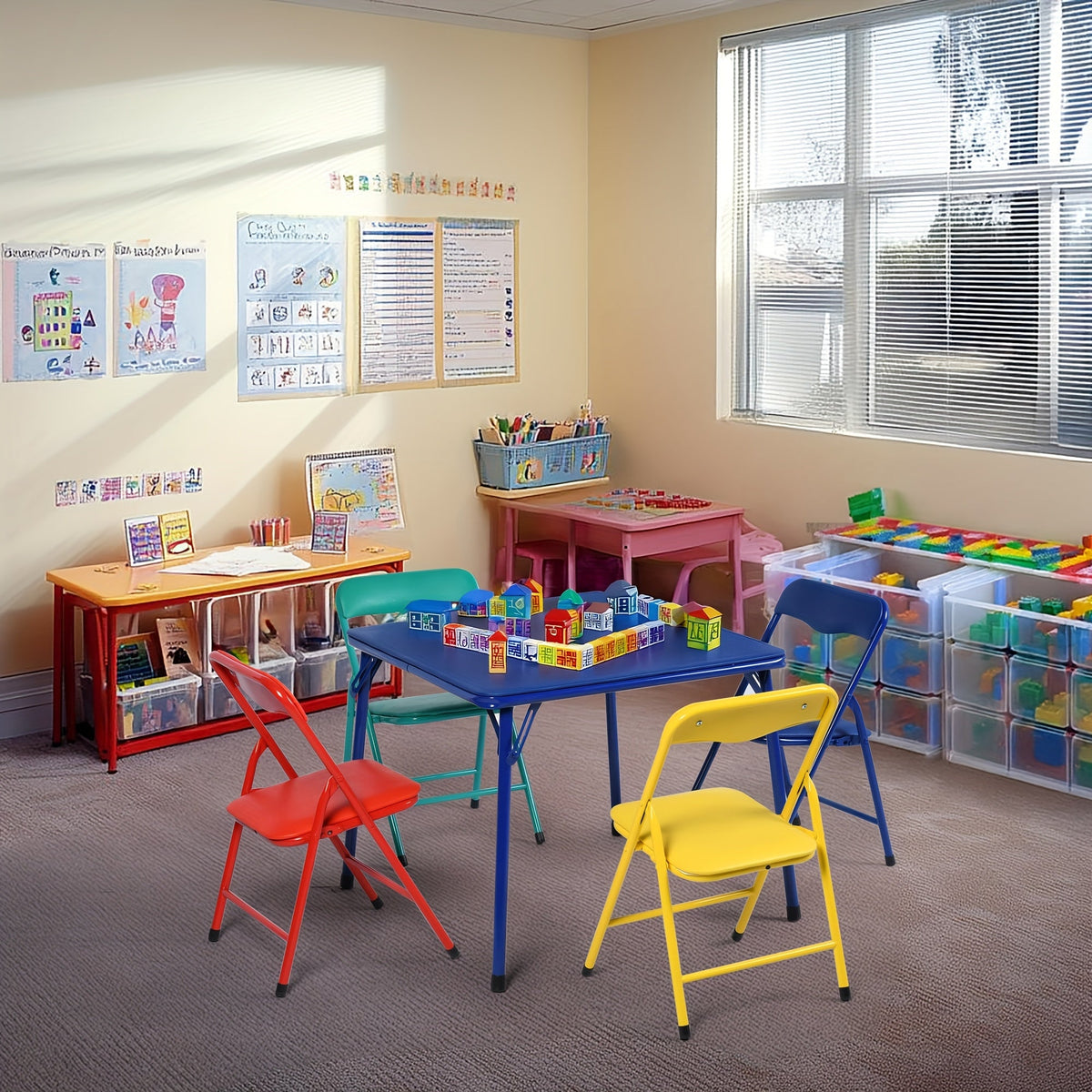 Five-Piece Foldable Kids Table and Chair Set with One Blue Table and Four Mixed-Color Chairs