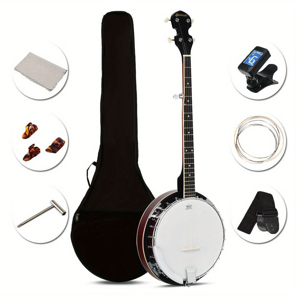 5-String Closed-Back Banjo, 24-Bracket Beginner Instrument with Case