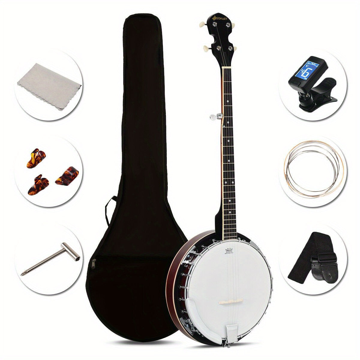5-String Closed-Back Banjo, 24-Bracket Beginner Instrument with Case