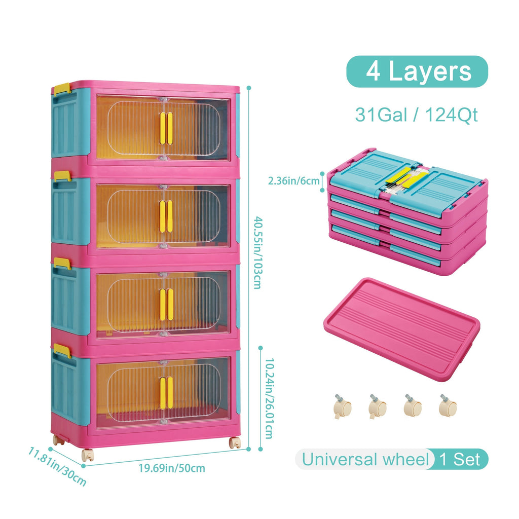 Foldable Storage Organizer Cabinet with Front-Opening Doors, Rolling Wheels and Four- or Five-Tier Options