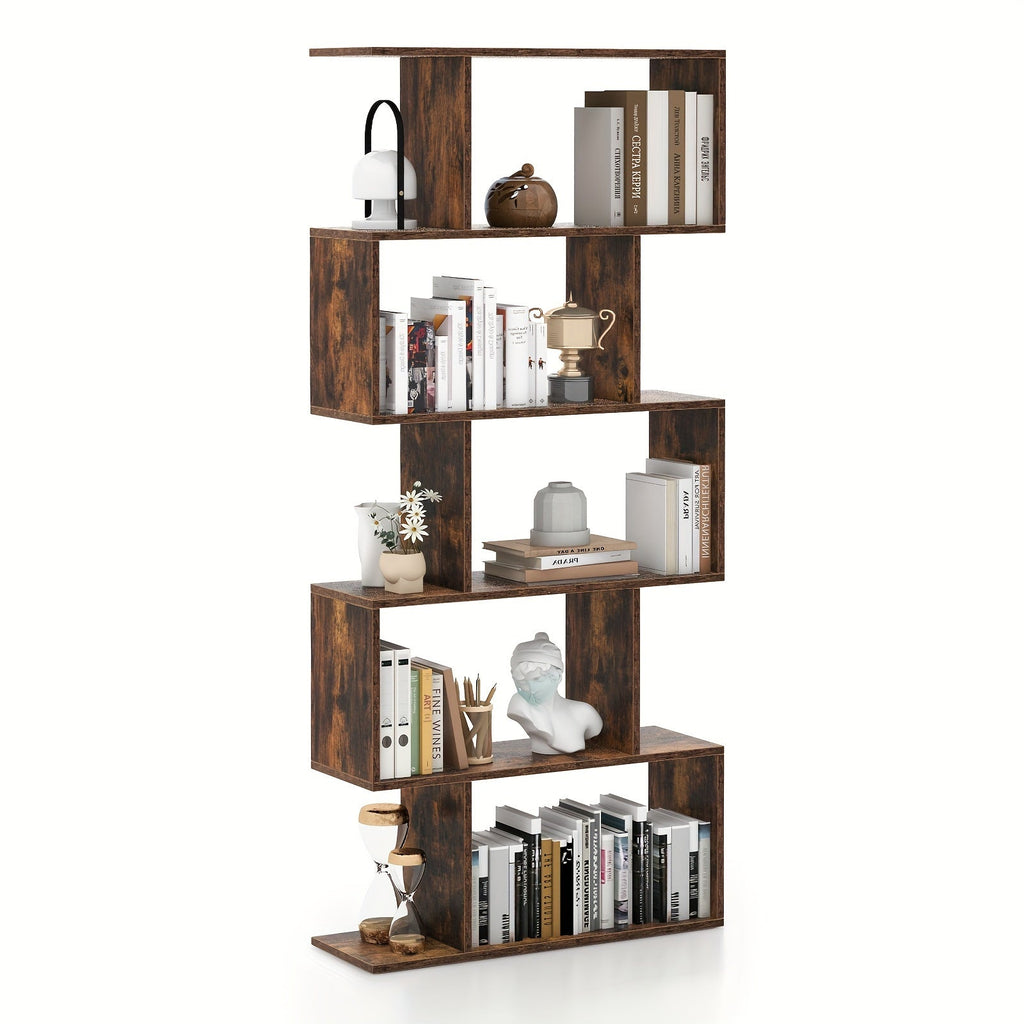 Five-Tier Geometric Freestanding Bookcase with Offset Open Shelves in Rustic Brown, Black or White