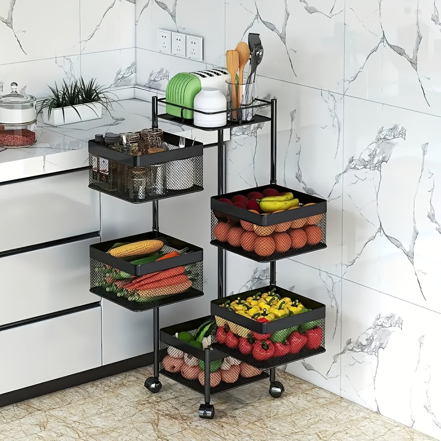5-Tier Metal Kitchen Storage Shelf with Rolling Wheels and 360° Swivel
