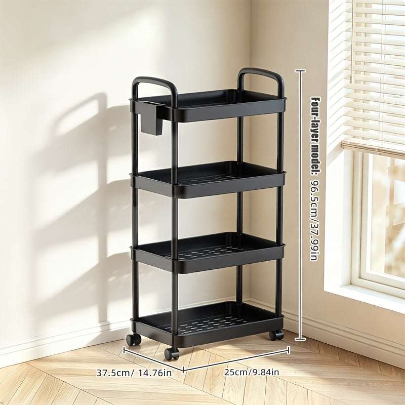 Slim Rolling Utility Cart with 3-, 4- or 5-Tier Shelves, Black or White Finish and Side Storage Cup