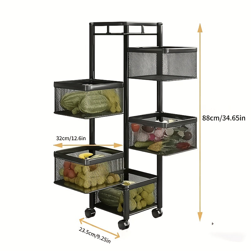 Five-Basket Rolling Storage Rack with Offset Mesh Bins, Caster Wheels and Black or White Finish