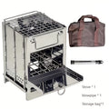 Compact Wood-Burning Camp Stove with Folding Panel Body, Grill Rack, Blowpipe and Storage Bag in Silver Tone
