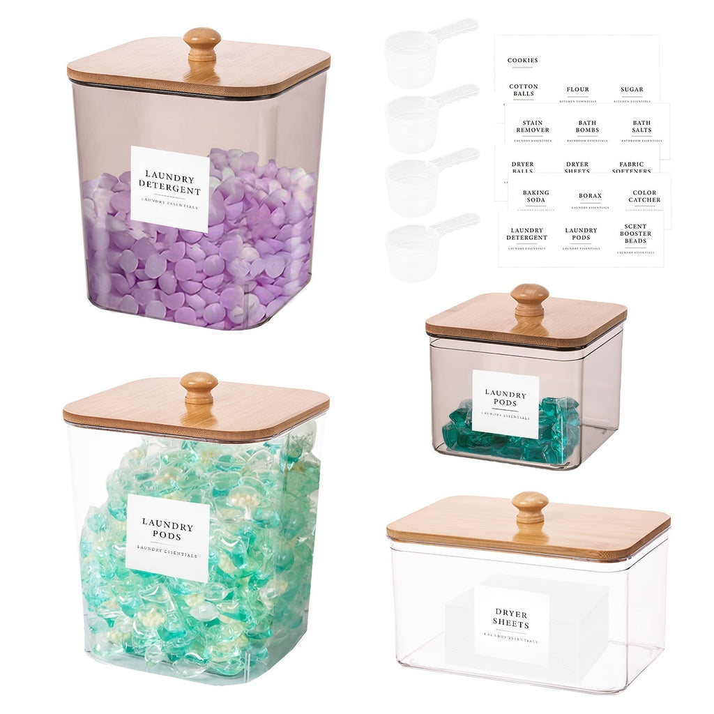 Laundry Pod Containers Set of 4 with Lids Scoops and Labels for Entryways, Bedrooms and Living Spaces