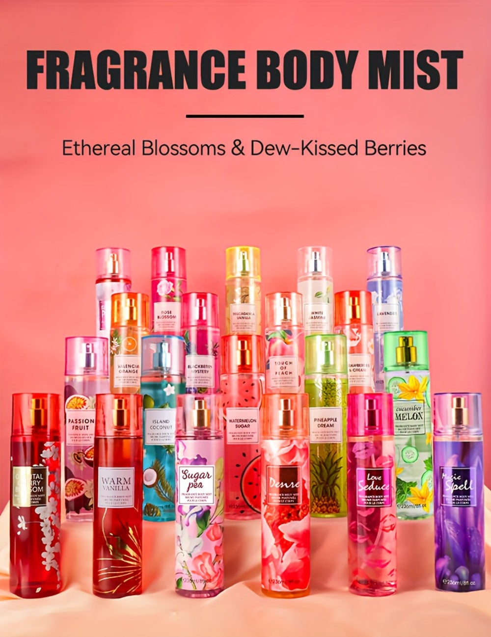 Body Spray for Women 4-Pack 8.4oz Each Hair Body Fragrance Mist Set 20 Floral Fruity Scents Daily Use Gift Value Bundle 250ml Per Bottle