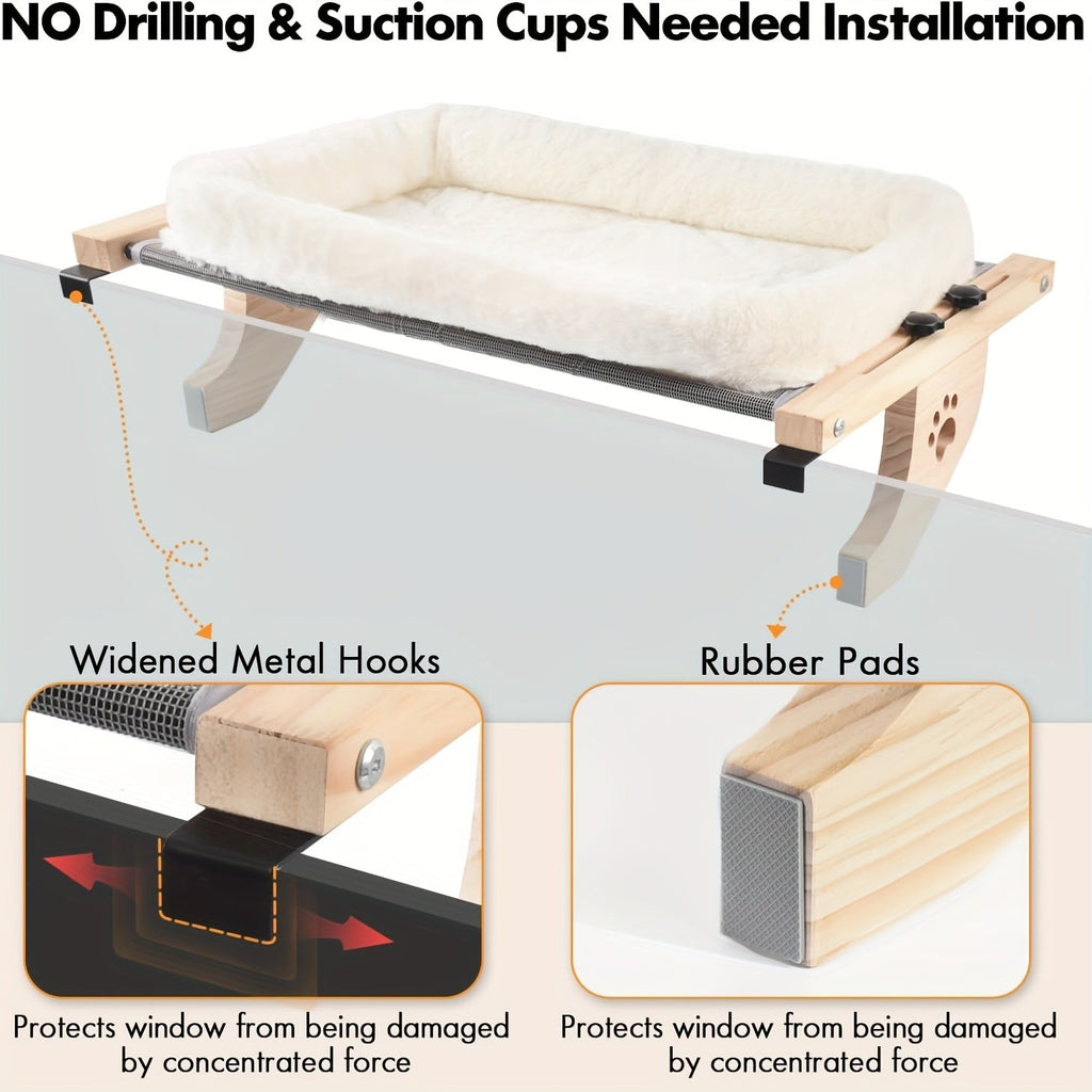Cat Window Perch Hammock – Wood & Metal Frame Windowsill Seat for Large Indoor Cats, Adjustable Cat Shelf for Window Sill Bedside Drawer
