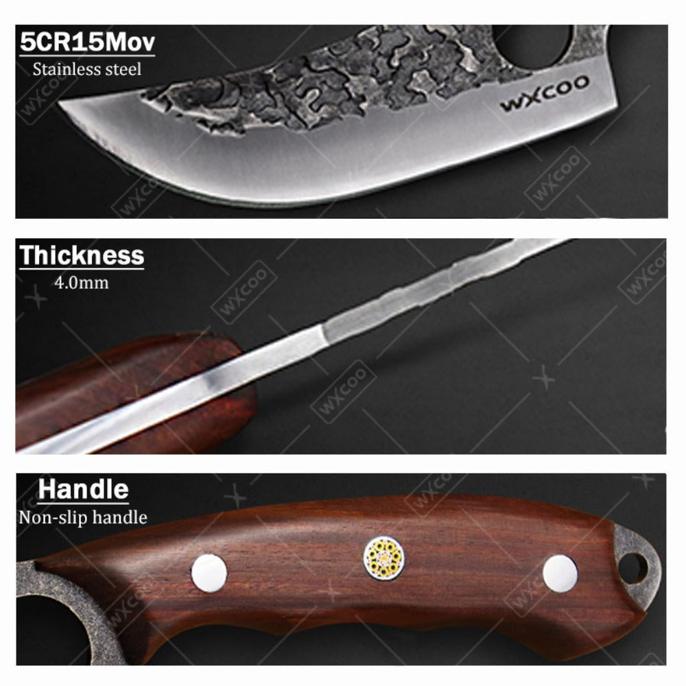 Kitchen Chef Knife Set 3 Piece Stainless Steel - Sharp Boning Knife, Utility Knife & BBQ Knife with Hammered Blade
