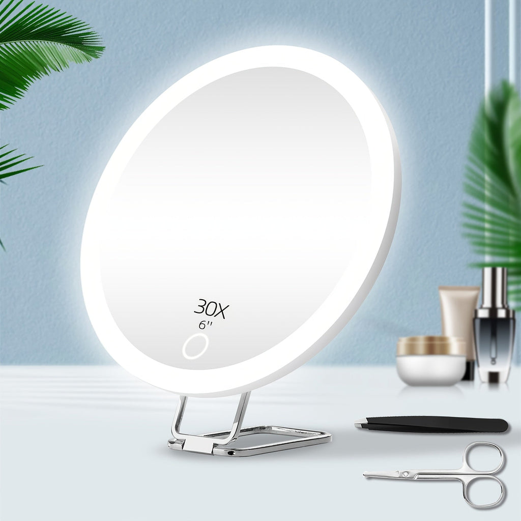 30X LED Magnifying Mirror Rechargeable 6-Inch Lighted Handheld Pocket Mirror with Hanging Loop – Portable Travel Vanity Mirror for Precision