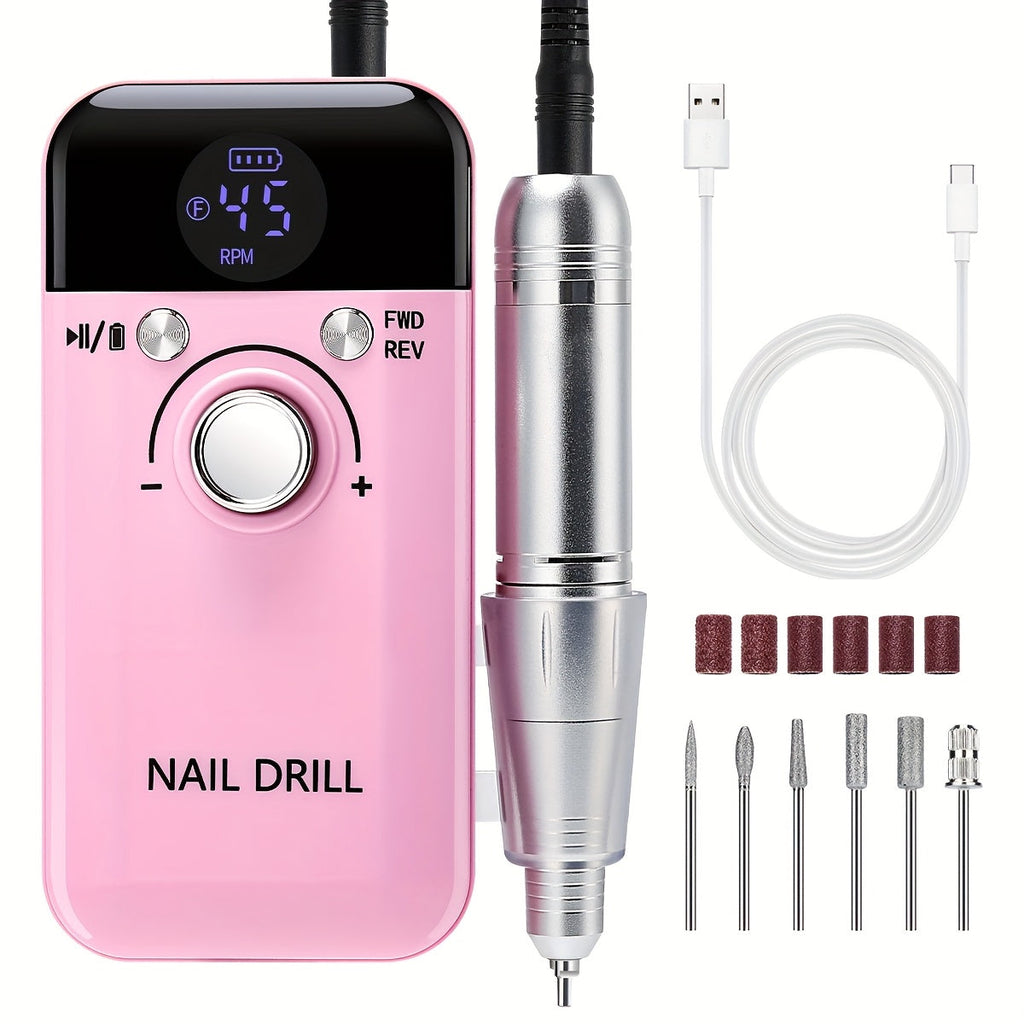 Electric Nail Drill 45000 RPM Rechargeable Kit with LCD Display and V6 Pink or White Options