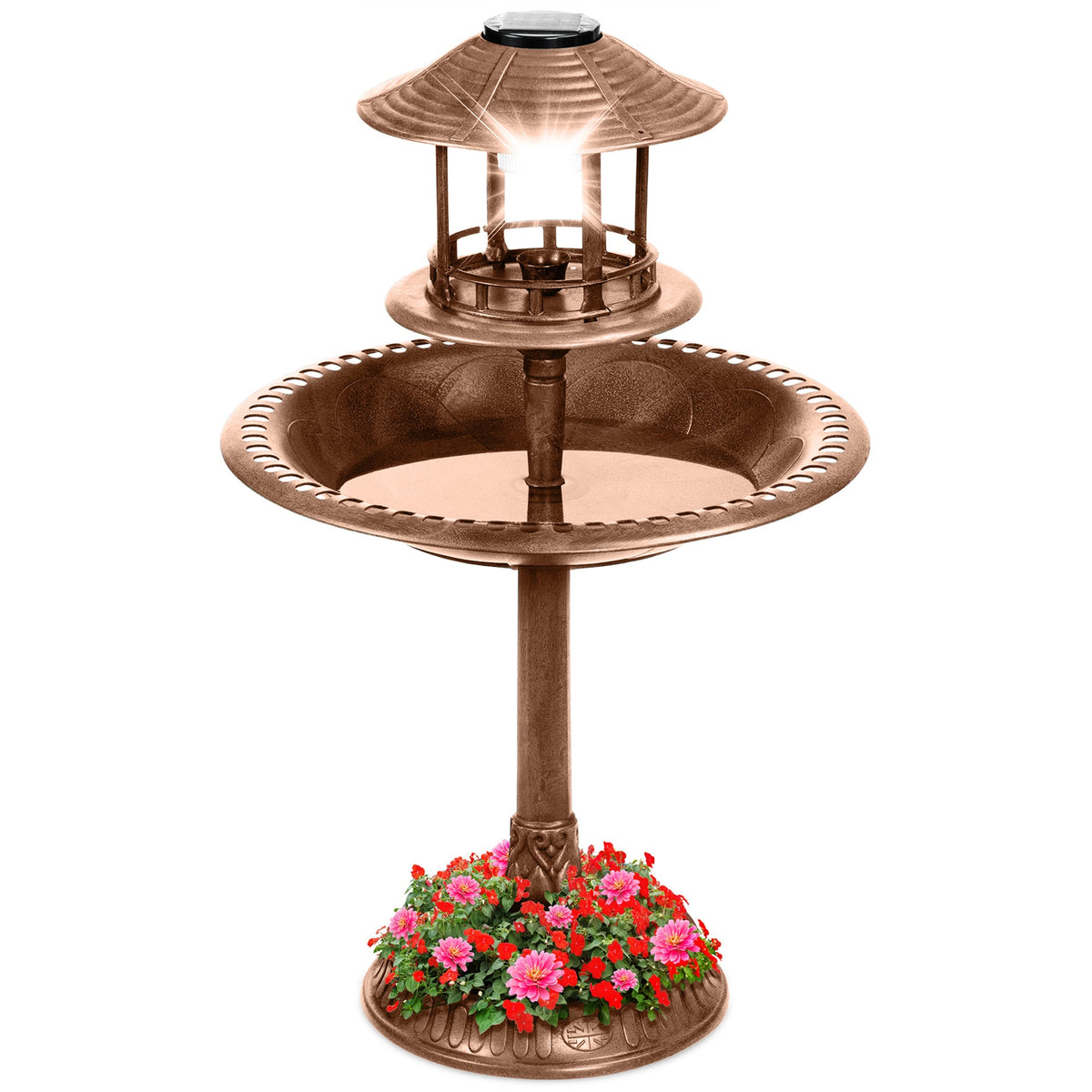 Solar Lighted Pedestal Bird Bath Bronze