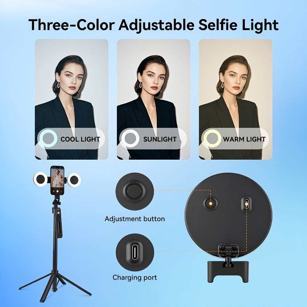 70-Inch Black Tracking Selfie Stick Tripod with Round Fill Light, Floor Base, Remote and Three Light Settings