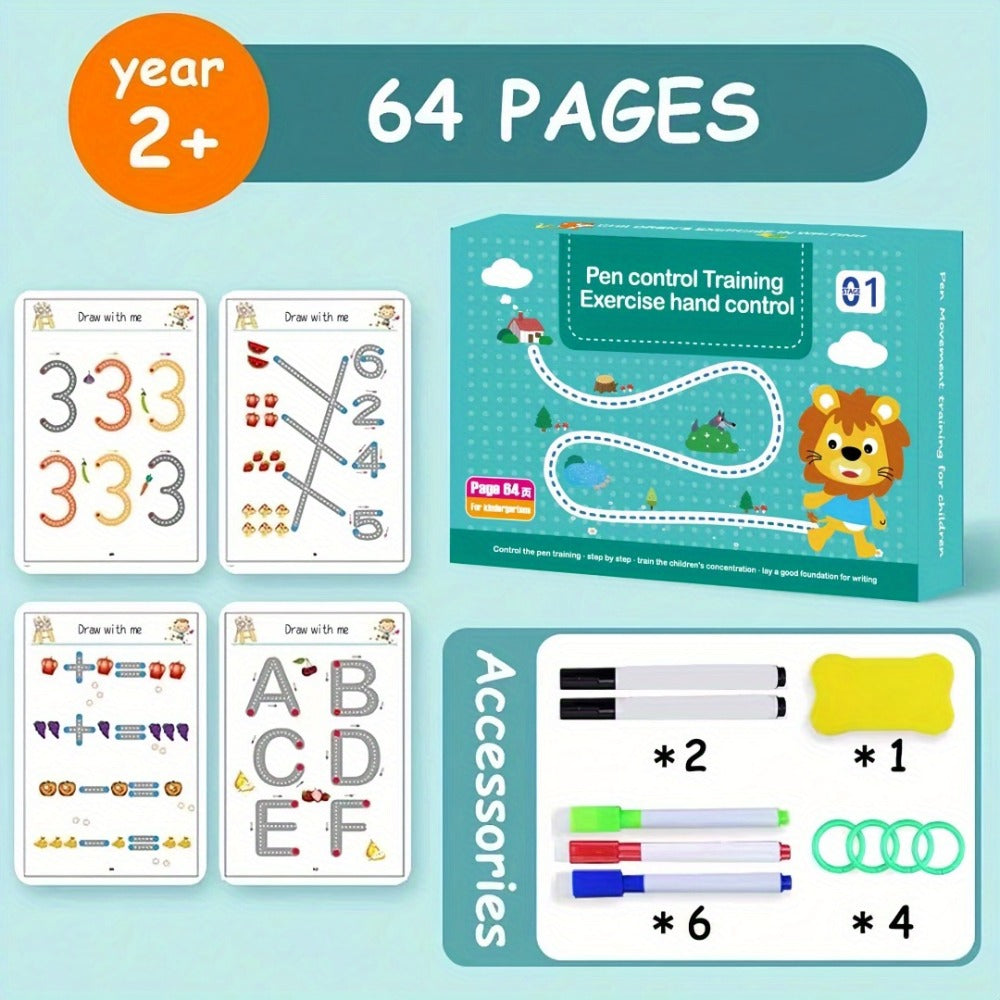 Magic Practice Handwriting & Drawing Book Set for Kids Ages 3-8, 64 Pages Reusable Wipe Clean Workbook with 8 Erasable Pens & Refills