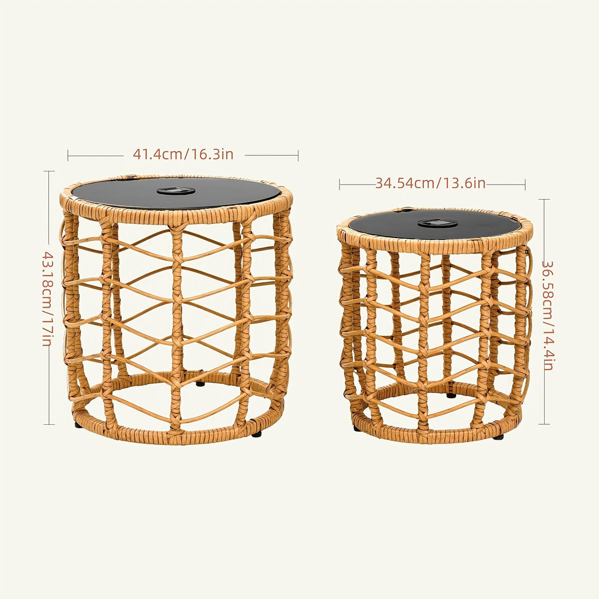 Outdoor Side Tables for Patio, Set of 2 Nesting PE Wicker Frames with Tempered Glass Tops for Patio or Balcony Layouts