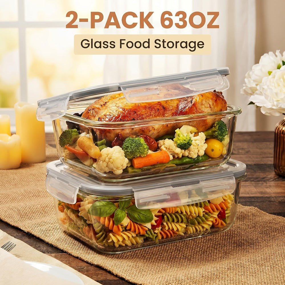 Food Storage Containers Two-Pack 63 oz Glass Set with Snap-Lock Lids in Gray or Green for Oven and Microwave Use