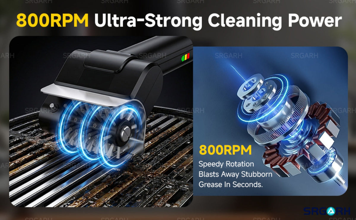 Electric BBQ Grill Brush Cordless Rechargeable Grill Cleaner with 800 RPM Rotating Head, 2000mAh Battery