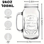 Handled Mason Jar Drinking Glasses, Four-Piece 24-Ounce Set with 700 ml Capacity Labels for Cold Beverages