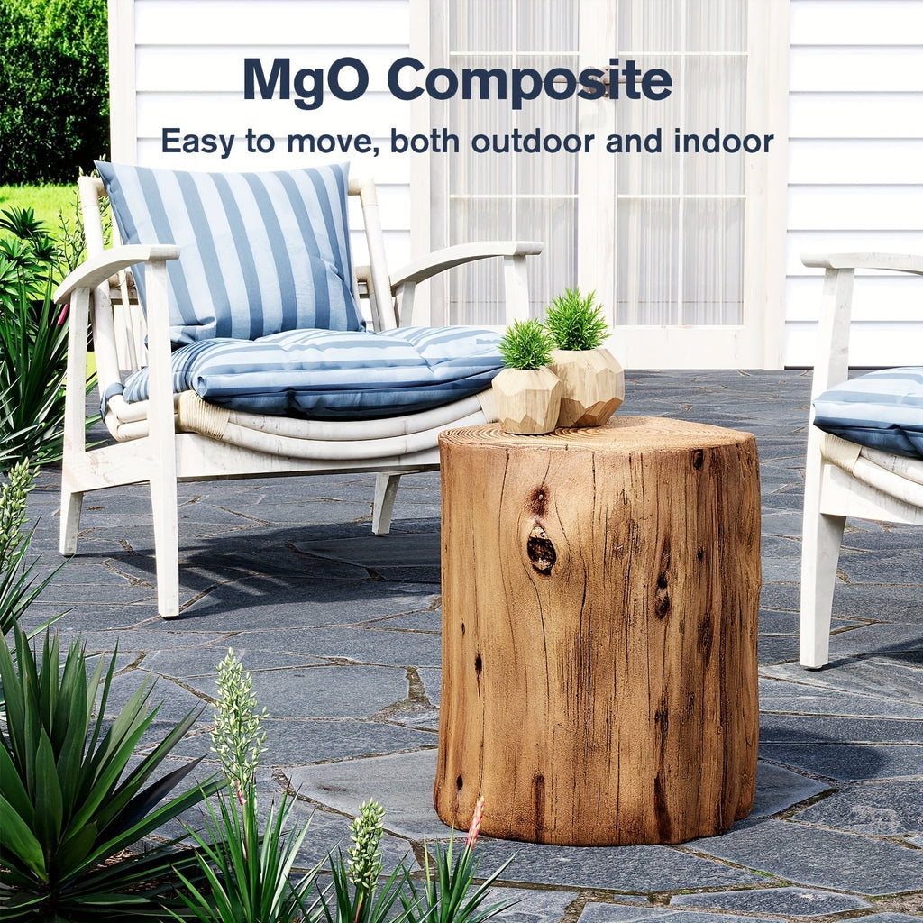 Outdoor Side Table Faux Wood Tree-Stump Design in Magnesia with Cylindrical Form and Brown Finish