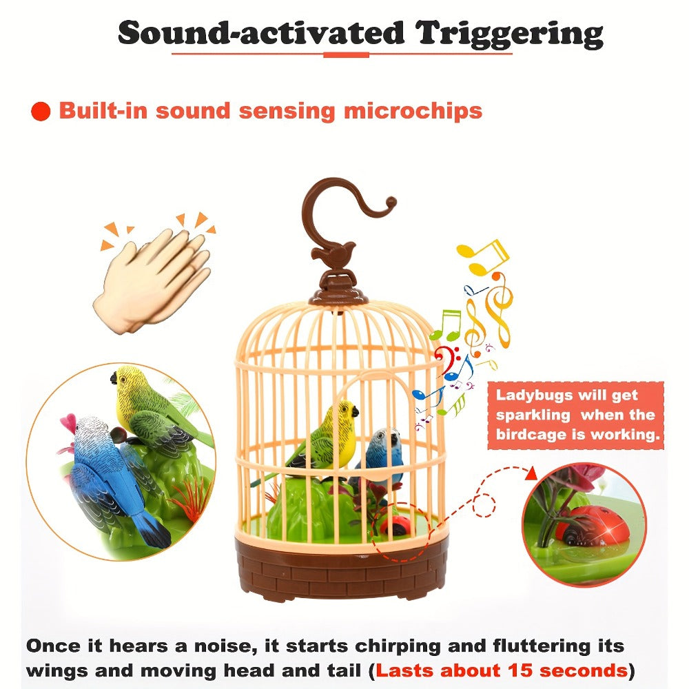 Mini Voice-Activated Birdcage Toy, Chirping & Wing-Fluttering Parrot, Interactive Sound-Responsive Animal Toy