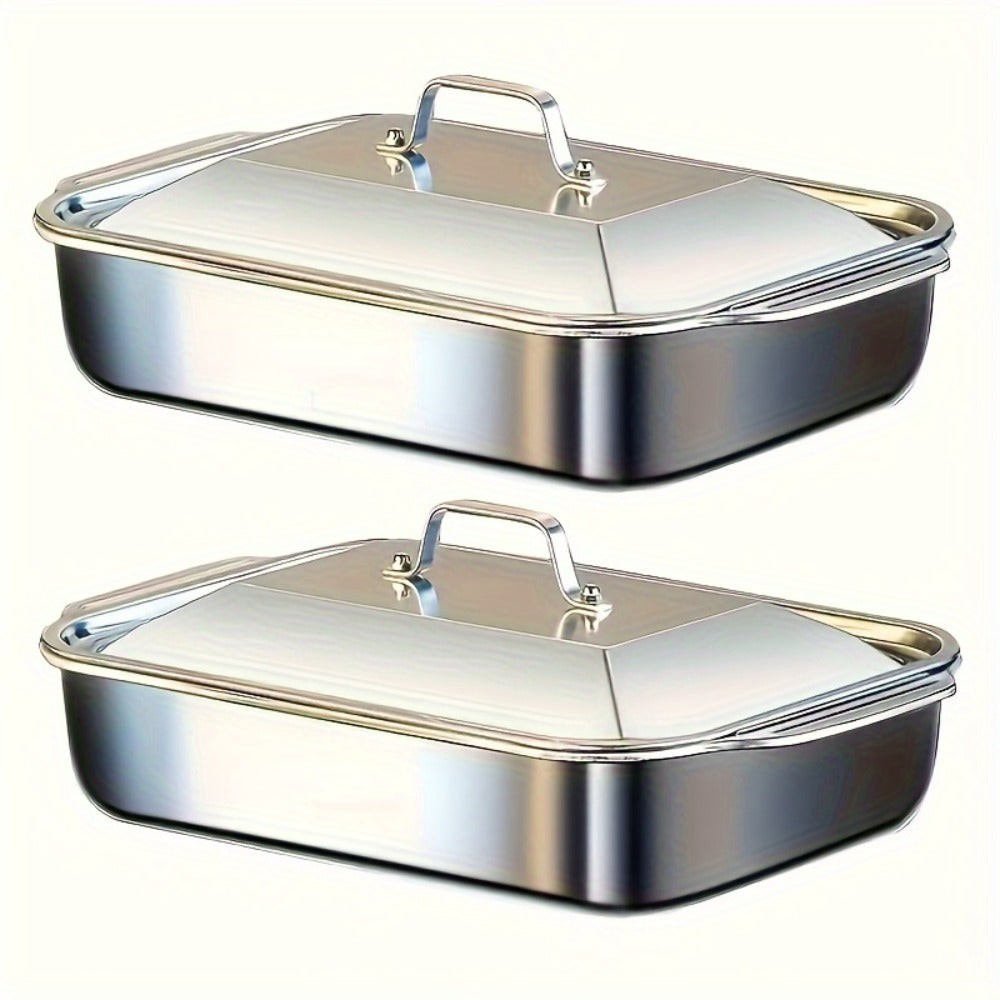 Stainless Steel Deep Baking Tray with Lid 4-Piece Set, 1.59 Gallon Rectangular Roasting Pan with Handle Lids
