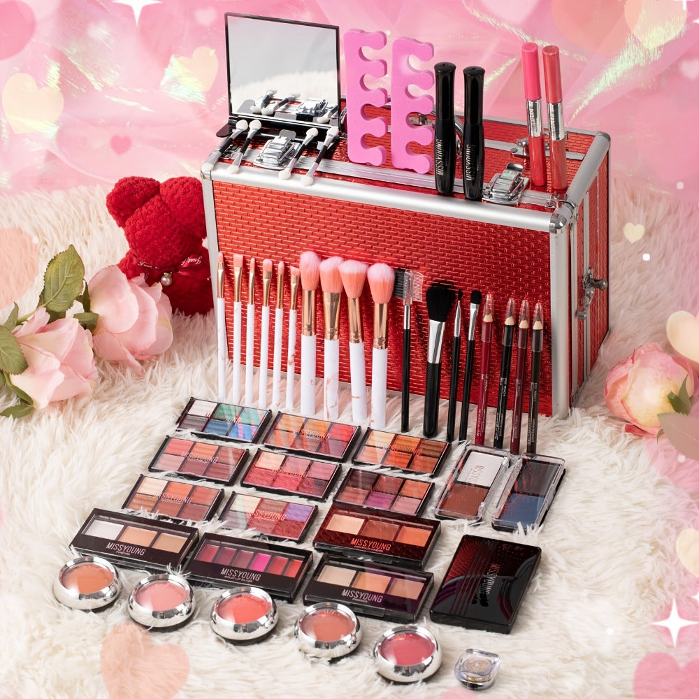 106-Piece Makeup Case Set with Red or Silver Carry Case, Fold-Out Color Palettes, Lip Products and Ten Makeup Brushes