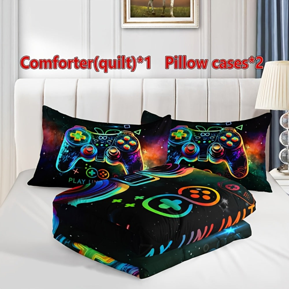Gaming Controller Print Comforter Set with Two Pillowcases, 180 GSM Fill and Twin, Full, Queen or King Sizes