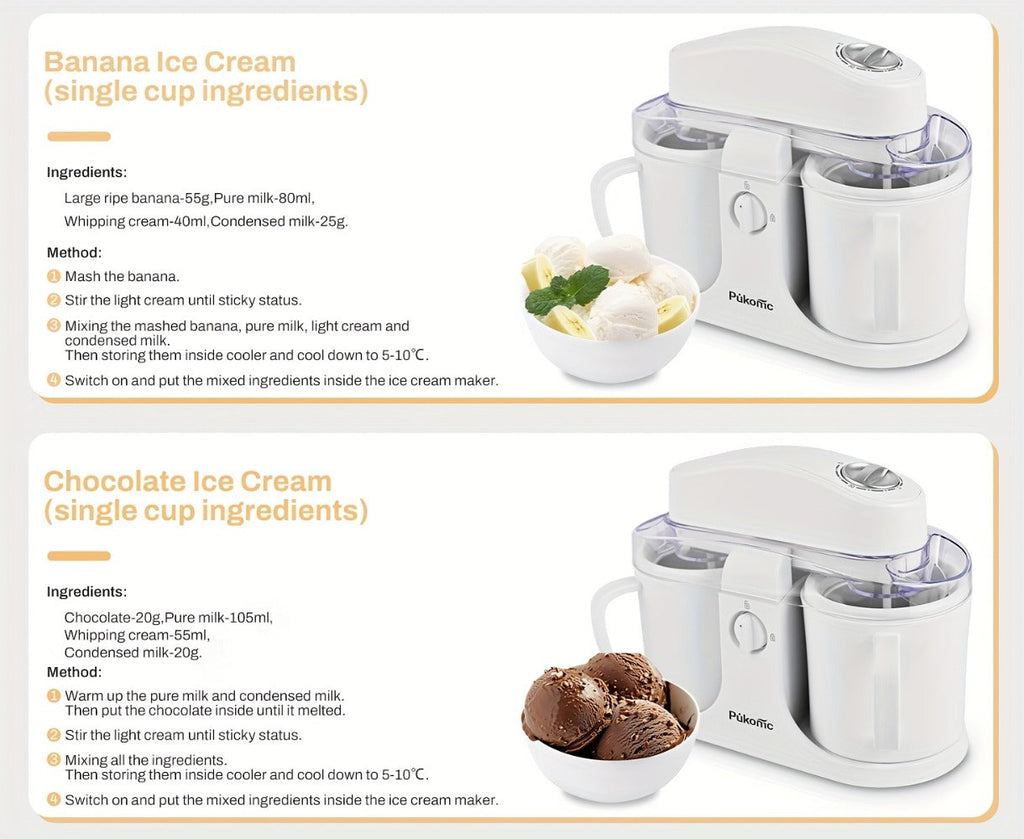Ice Cream Maker Machine Dual Cup Self-Freezing, Make 2 Flavors Homemade Ice Cream Sorbet Frozen Yogurt at Once