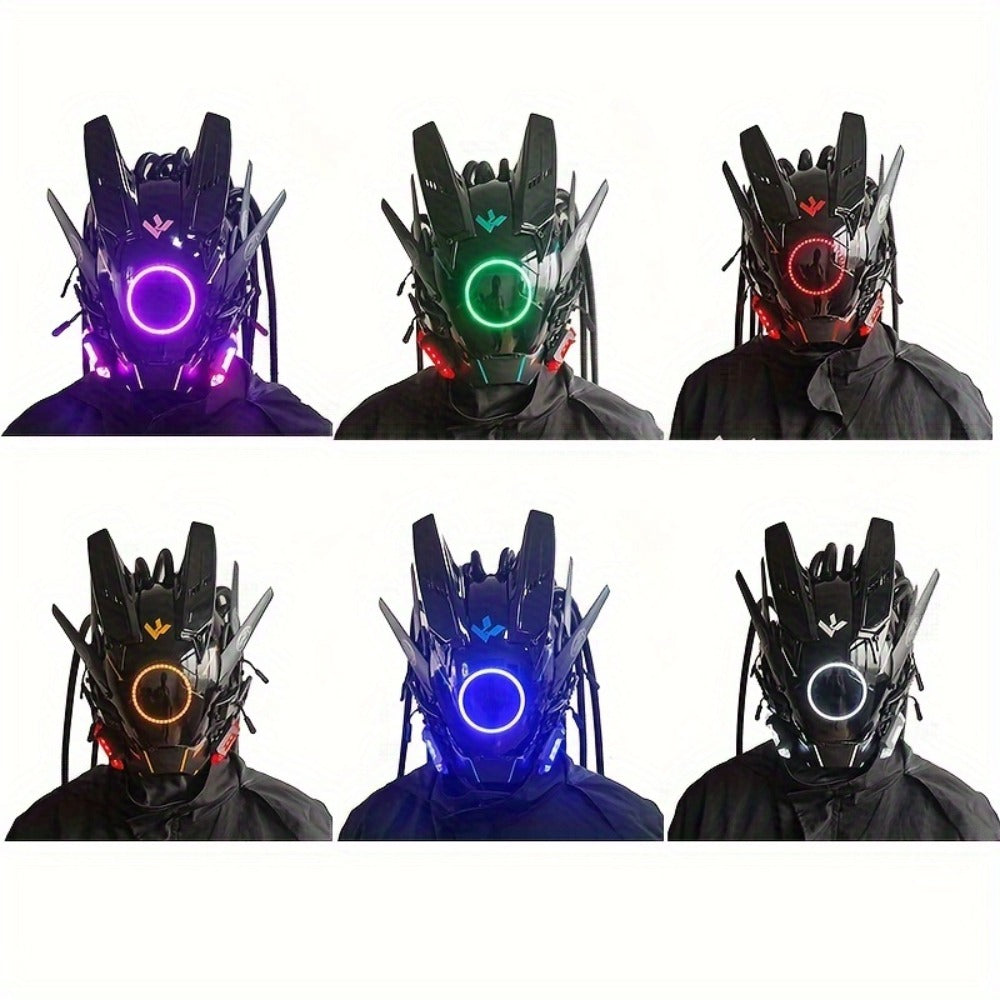 LED Braided Cyberpunk Costume Helmet with Circular Face Light and Blue, Green or Pink Accent Styles